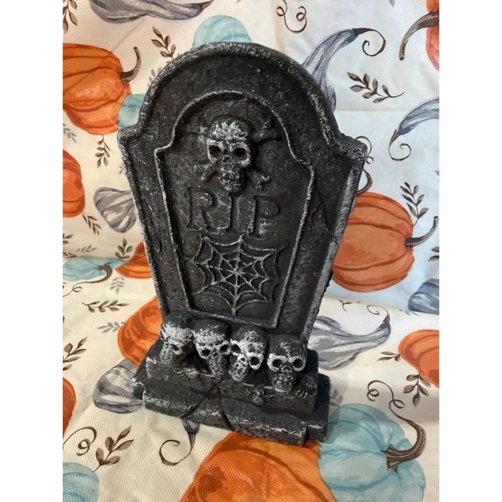 Black Skulls Spider Web RIP Tombstone Figurine 6 Inch
